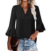 Gaharu Women's Work Blouses Ruffle 3/4 Sleeve Dressy Top V Neck Casual Chiffon Tunic Blouses Business Shirts
