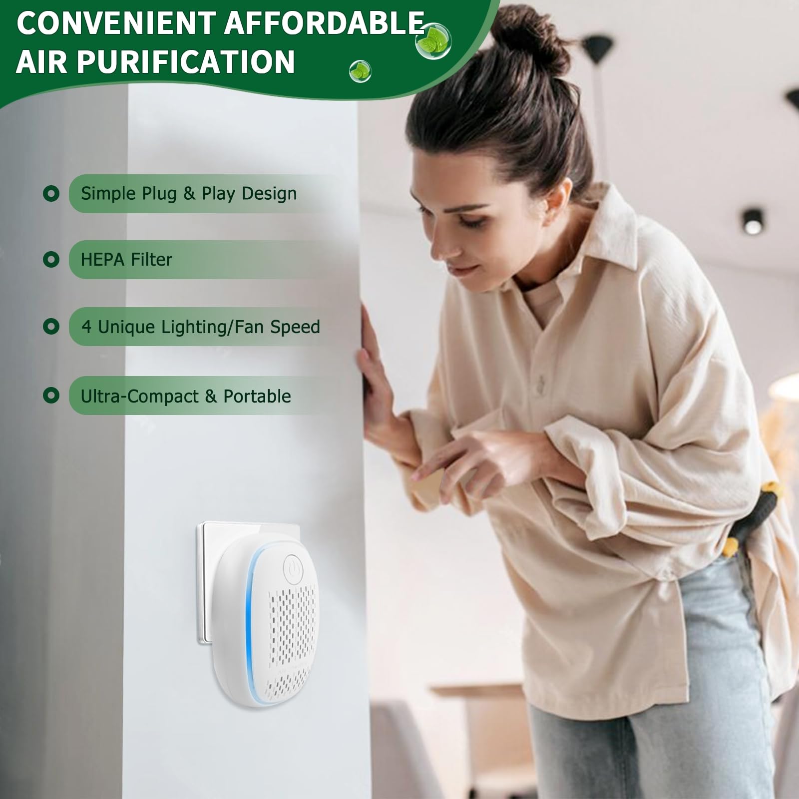 Air Ionizers HEPA Filter/Plug In Air Purifier for Home, Negative Ion Filtration System for Bathroom,Bedroom, Office, Kitchen, Mini Air Cleaner, Portable Air Filter (White) (1)