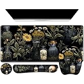 NXZGO Large Mouse Pad with Wrist Support 4 in1 Set, XXL Big Game Mousepad + Keyboard Wrist Rest+Mouse Wrist Rest+Coaster Gaming Mat for Home Office Computer I Black Academia Mystical Green Plant