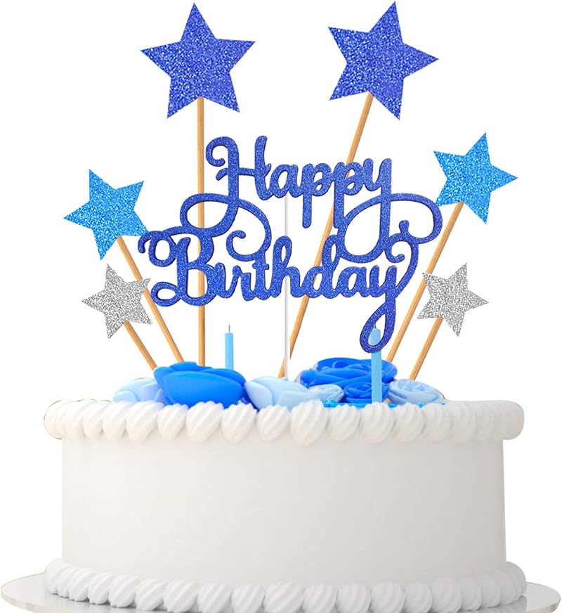 VAINECHAY Blue Star "Happy Birthday" Cake Topper for Boys Men Girls Kids Baby