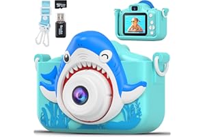 QEMIXLY Shark Camera for Kids with Cartoon Silicone Cover, Digital Mini Camera Toys for 3 4 5 6 7 8 9 10 11 12 Year Old Boys Girls Birthday Chirstmas Gifts Ideas - Personal Video Players (Shark Blue)