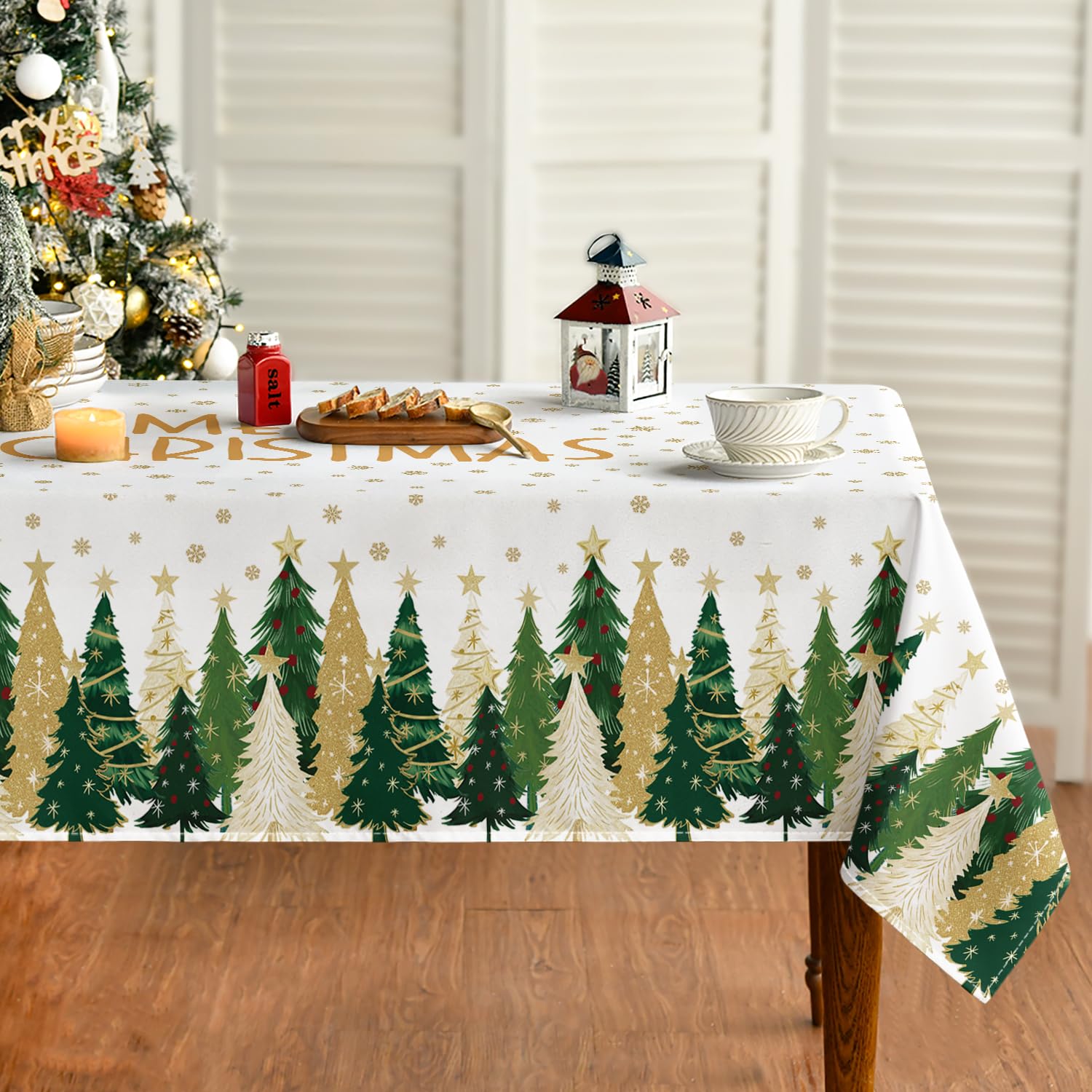 Photo 1 of ***STOCK PHOTO FOR REFERENCE ONLY*** Horaldaily Christmas Tablecloth 60×84 Inch Rectangular, Winter Stars Trees White Washable Seasonal Table Cover for Party Picnic Dinner Decor