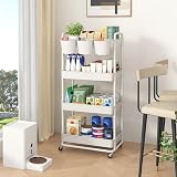 JIUYOTREE 4-Tier Plastic Rolling Storage Cart with Lockable Wheels White view 4