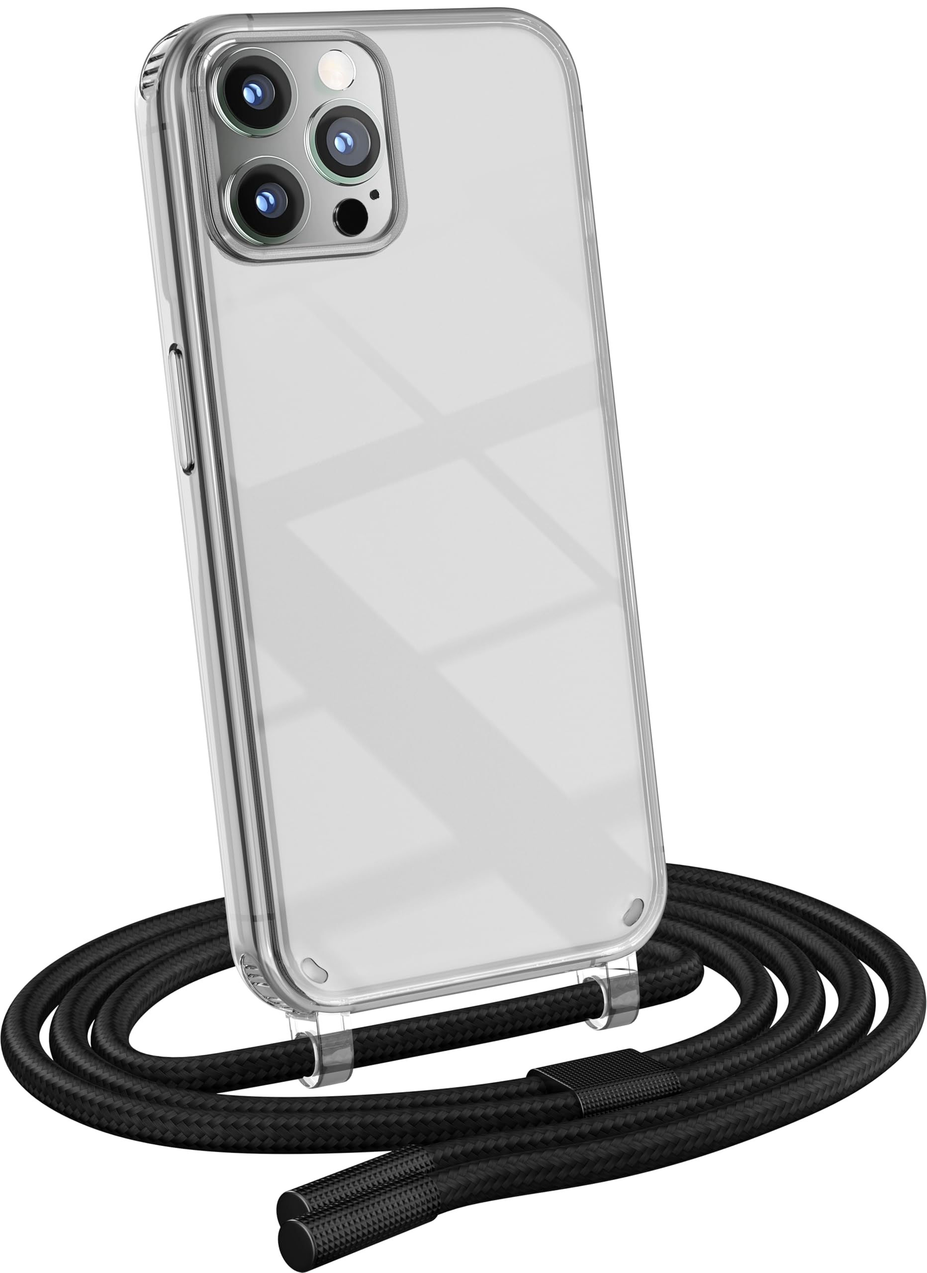 MyGadget Strap Case for Apple iPhone 12 | 12 Pro - [ with removable Cord ] Crossbody Phone Hard Cover - Case with Neck Holder - Lanyard Carrier with Rope in Black