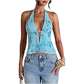 MakeMeChic Women's Floral Textured Halter Top Sleeveless Tie Back Elegant Cami Crop Tops