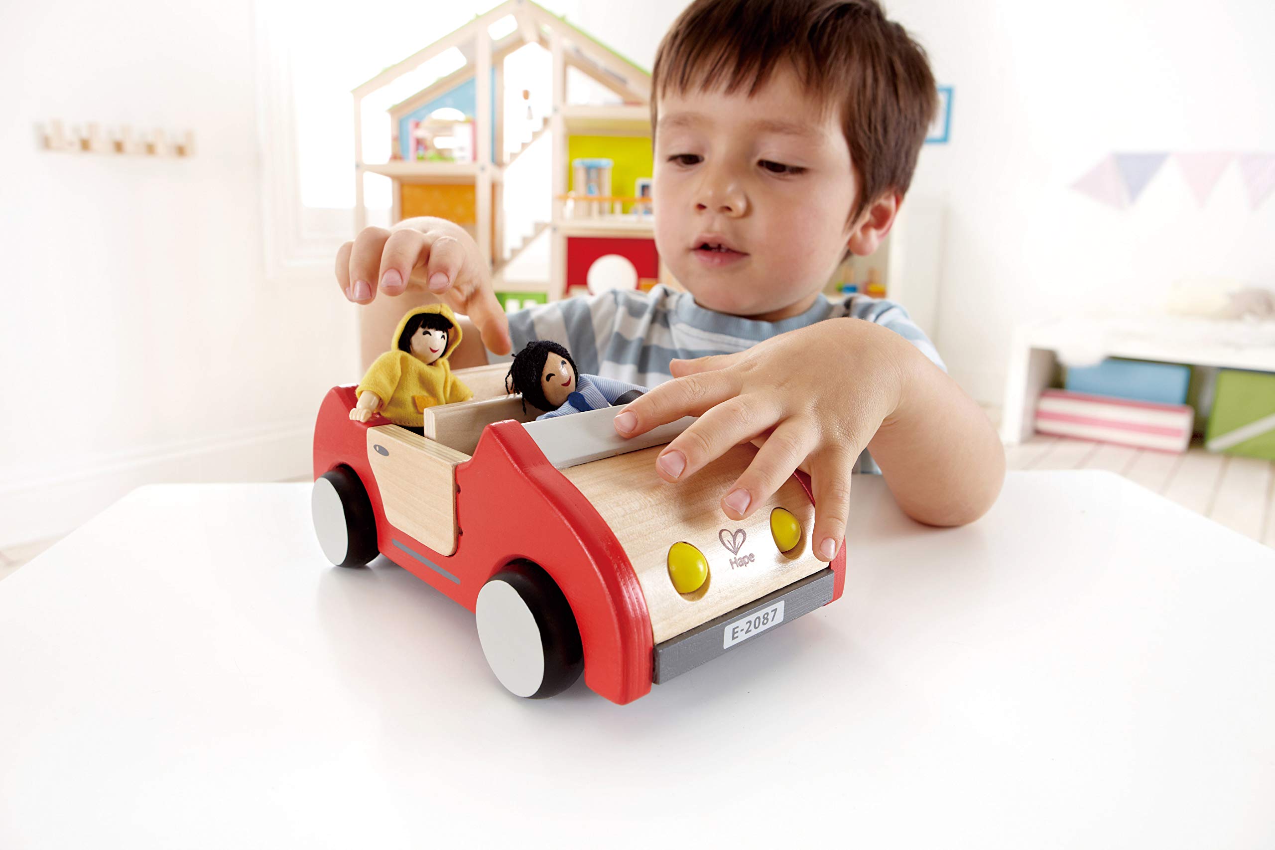 Hape Wooden Doll House Family Car| Toy Vehicle Seats up to 4 Figures for Complete Doll House Furniture Set