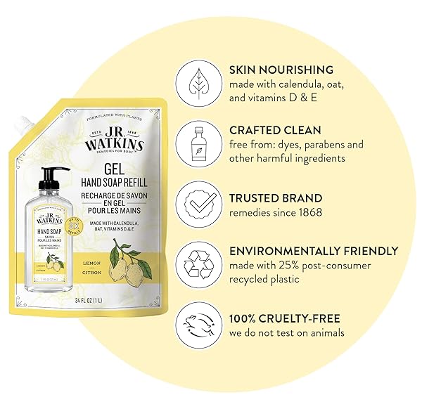 J.R. WATKINS LIQUID HAND SOAP LEMON REFILL, 34 FL OZ