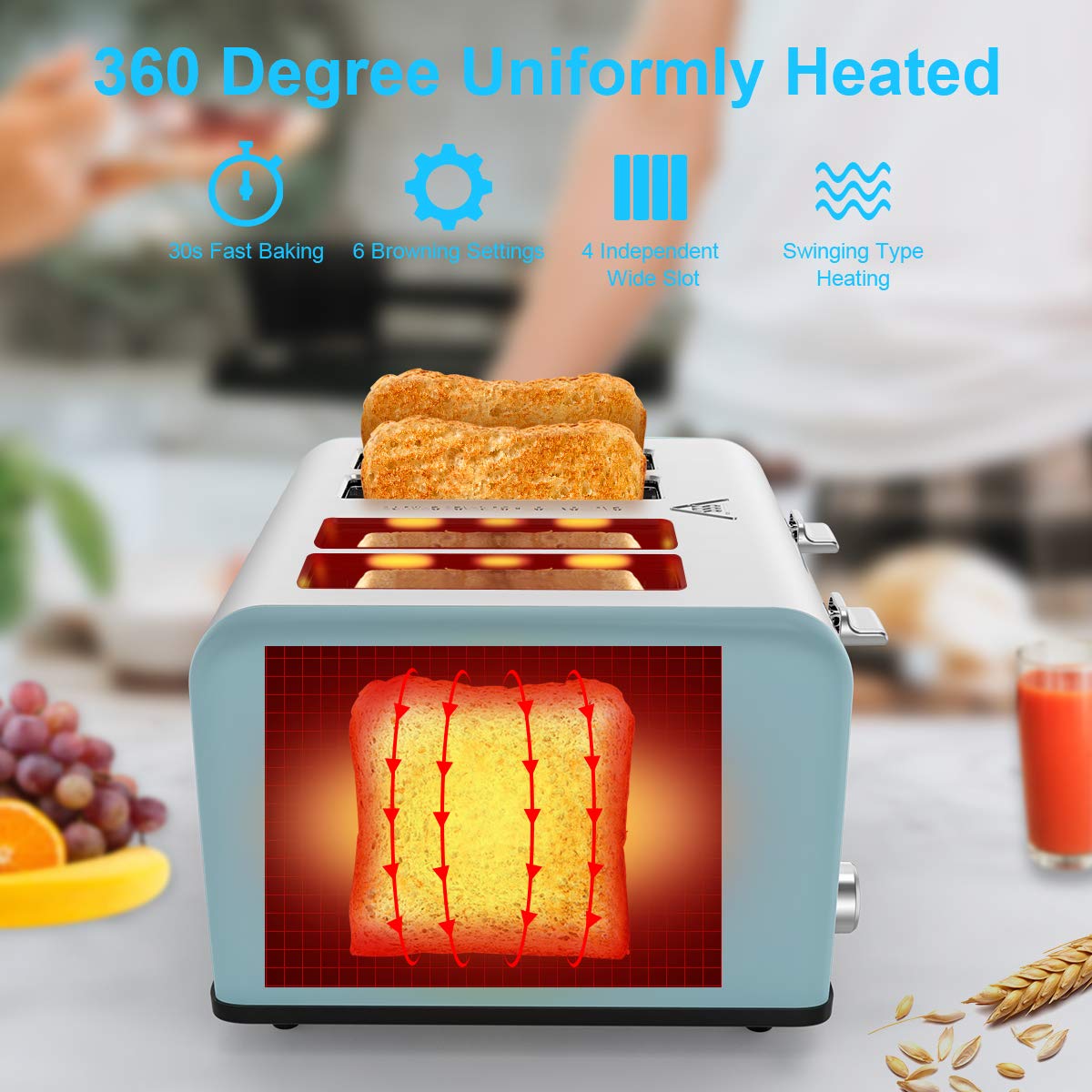 Toaster 4 Scheiben, Morpilot Edelstahl Toaster 1600 Watt mit 1,5\'\' breiten Schlitzen, 6 bräunungsstufen und 3 Moden (Auftau-, Aufwärm- sowie Abschaltungsmode)