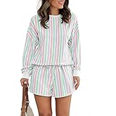 Tankaneo Womens Striped Short Sets 2 Piece Outfits Long Sleeve Shirts and Shorts Matching Lounge Set Casual Sweatsuits