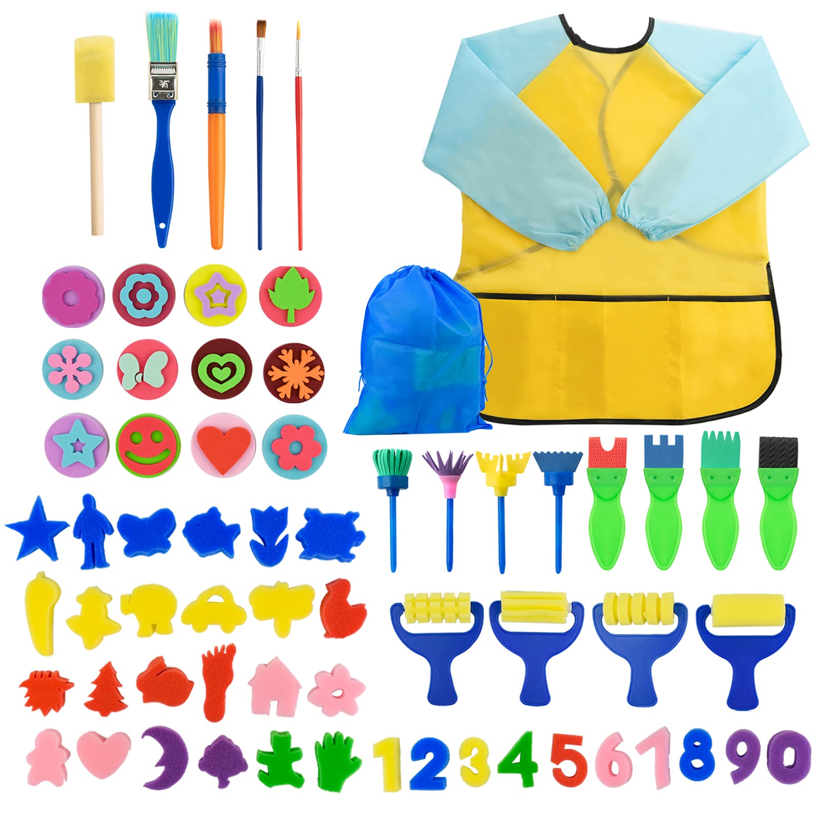 Surplex 65 pcs Sponge Paint Brushes Kits Kids Painting Set for Kids Early DIY Learning Children Doodle, Include Waterproof Apron, Foam Brushes, Pattern Brushes Set