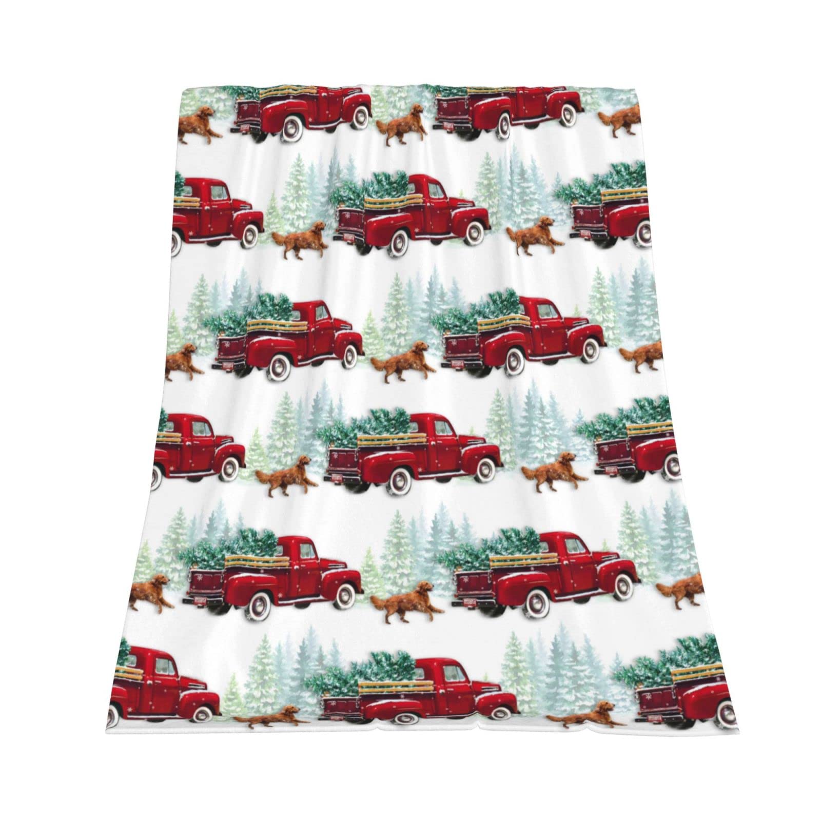 JOOCAR Farmhouse Christmas Throw Blanket Red Truck and Pet Dog Fannel Blanket Home Decor Soft Plush Warm Merry Christmas Throw Blanket for Bed Couch Living Room Sofa Chair(50" x 60")