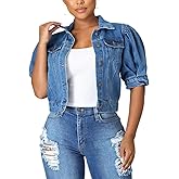PAODIKUAI Women's Casual Puff Sleeve Frayed Slim Cropped Denim Jean Jacket