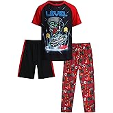 Quad Seven Boys Pajamas Set - 3 Piece Short Sleeve Sleep Shirt Pull On Lounge Shorts and Boys Pajama Pants for Kids (8-18)