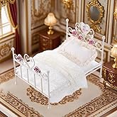Minamzee 1:12 Dollhouse Furniture Bed, 1 Set Miniature White Hand Floral Engravings Iron Bed with Removable Bedding and Pillow, Miniature Furniture Gift for Dollhouse Lovers and Collectors