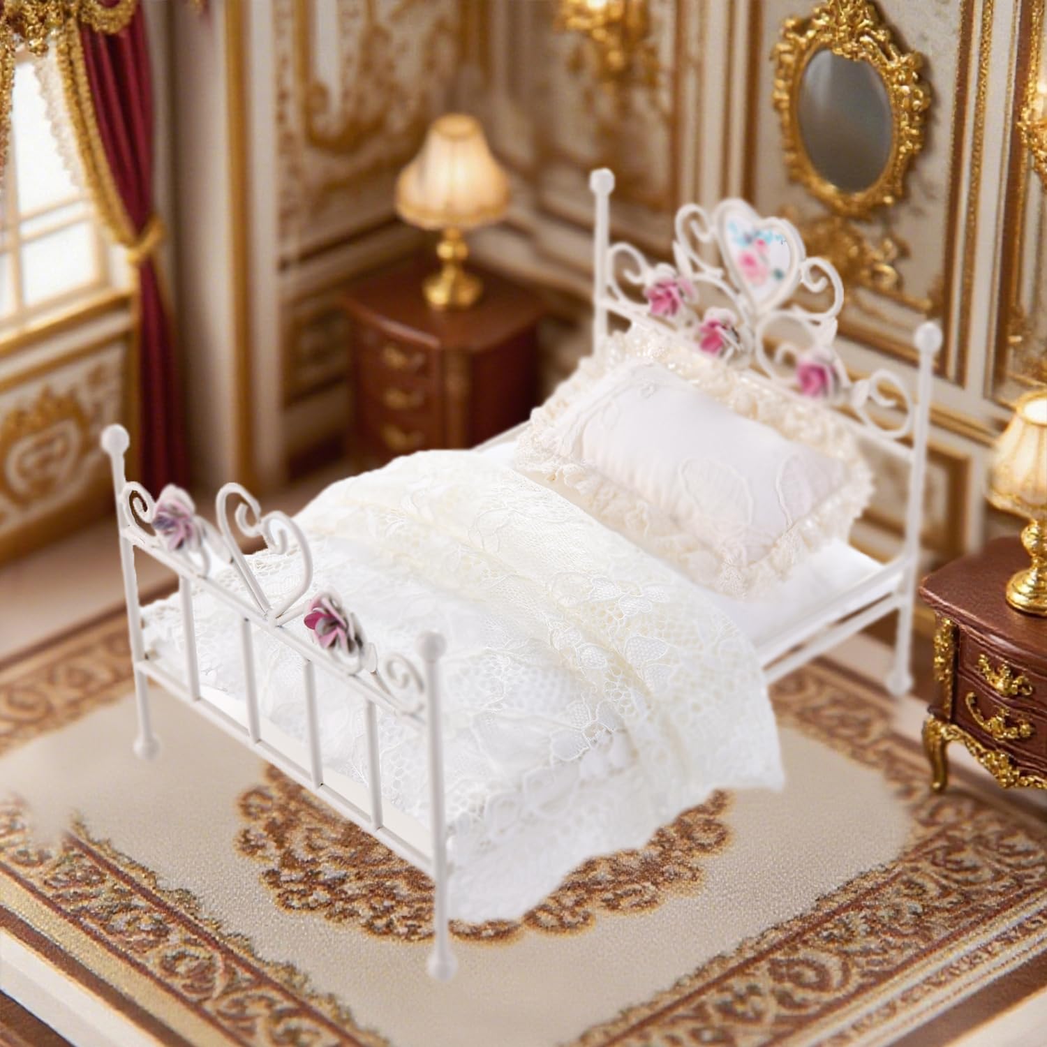 Minamzee 1:12 Dollhouse Furniture Bed, 1 Set Miniature White Hand Floral Engravings Iron Bed with Removable Bedding and Pillow, Miniature Furniture Gift for Dollhouse Lovers and Collectors