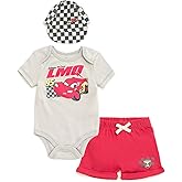 Disney Pixar Baby Bodysuit, Shorts and Baseball Cap 3 Piece Outfit Set Newborn to Infant Sizes (Newborn - 24 Months)