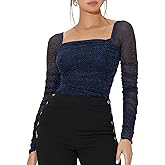SHENHE Women's Long Sleeve Mesh Ruched Tops Sparkly Square Neck Sexy T Shirt