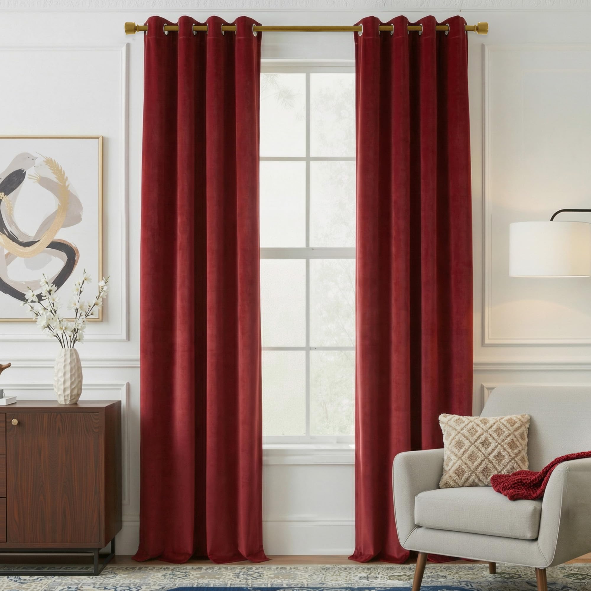 NICETOWN Red Velvet Curtains & Drapes for Living Room, Media Movie Theater Room Decor, Heavy Matt Window Treatments with Grommet Top for Patio Door (Set of 2, W52xL90 inches) Image