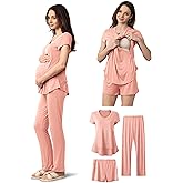 SUNNYBUY 3 PCS Maternity Breastfeeding Pajamas Set, Hidden Nursing Tops, Adjustable Pregnancy Shorts & Pants Postpartum PJS