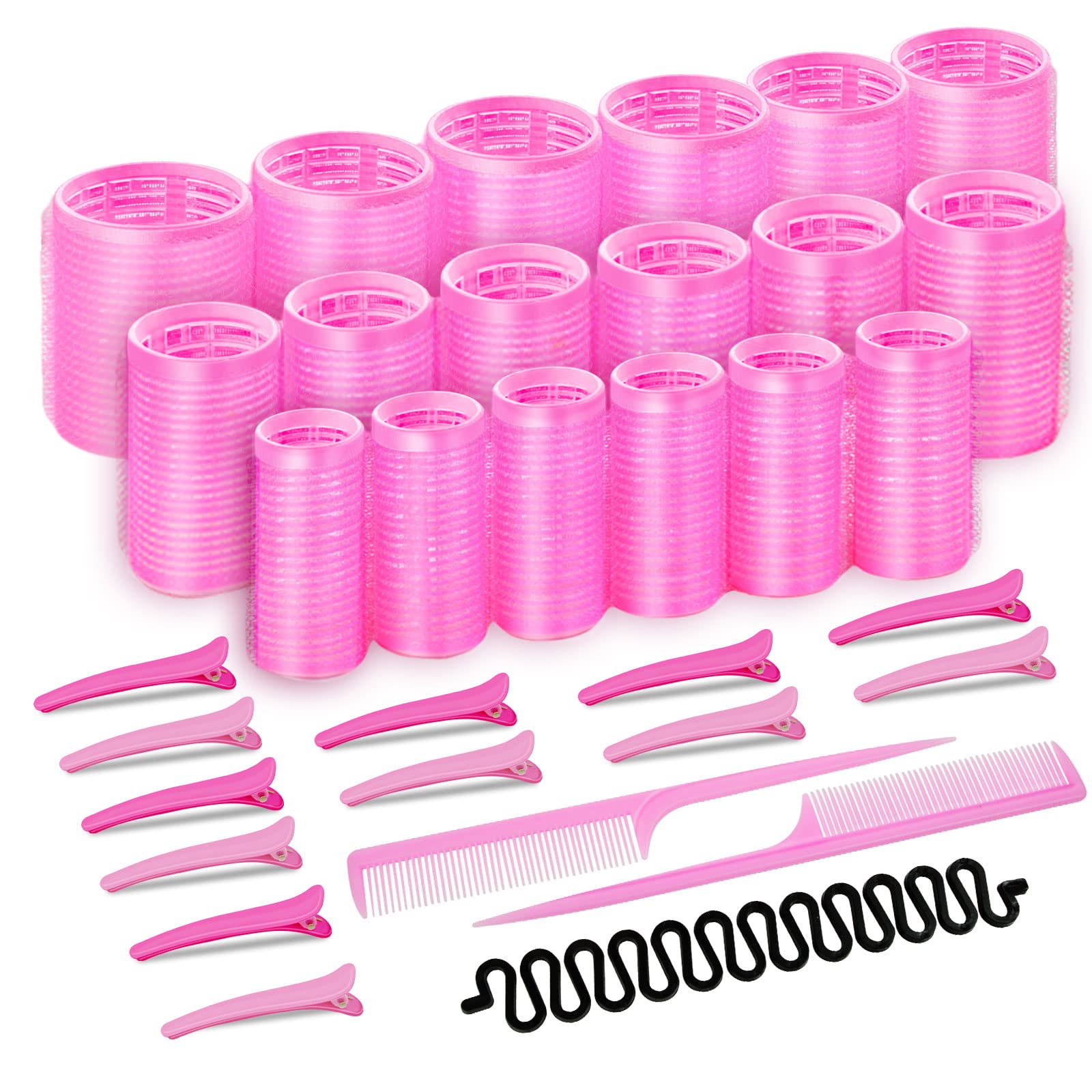 33Pcs Velcro Hair Rollers with Clips Set Curlers Roller for Long Thick Hair Volume 18 Rollers (44 mm 36 mm 25 mm) 12 Duckbill Clips 2 Combs and Plaiting Tool