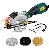 Enventor Mini Circular Saw with Laser Guide, 6 Blades 4-1/2", 5.8 A Corded | 3500 RPM, 0&deg;&ndash;45&deg; Bevel, Dust Port, Cuts Wood, Soft Metal, and Tile for DIY Repairs, Renovations, Craft Projects