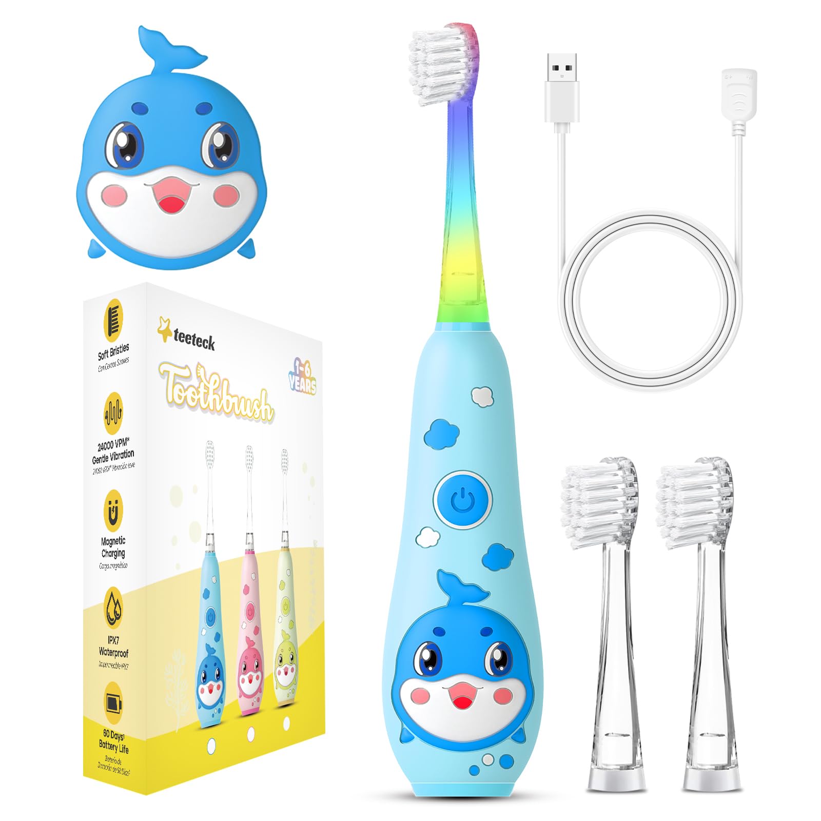 Teeteck Kids Electric Toothbrush,Rechargeable Toddlers Baby Electric Toothbrush with 2Minutes Timer and LED Light for 1-6 Boys Girls(1 Handle, 2 Brush Head, USB Charging Cable)