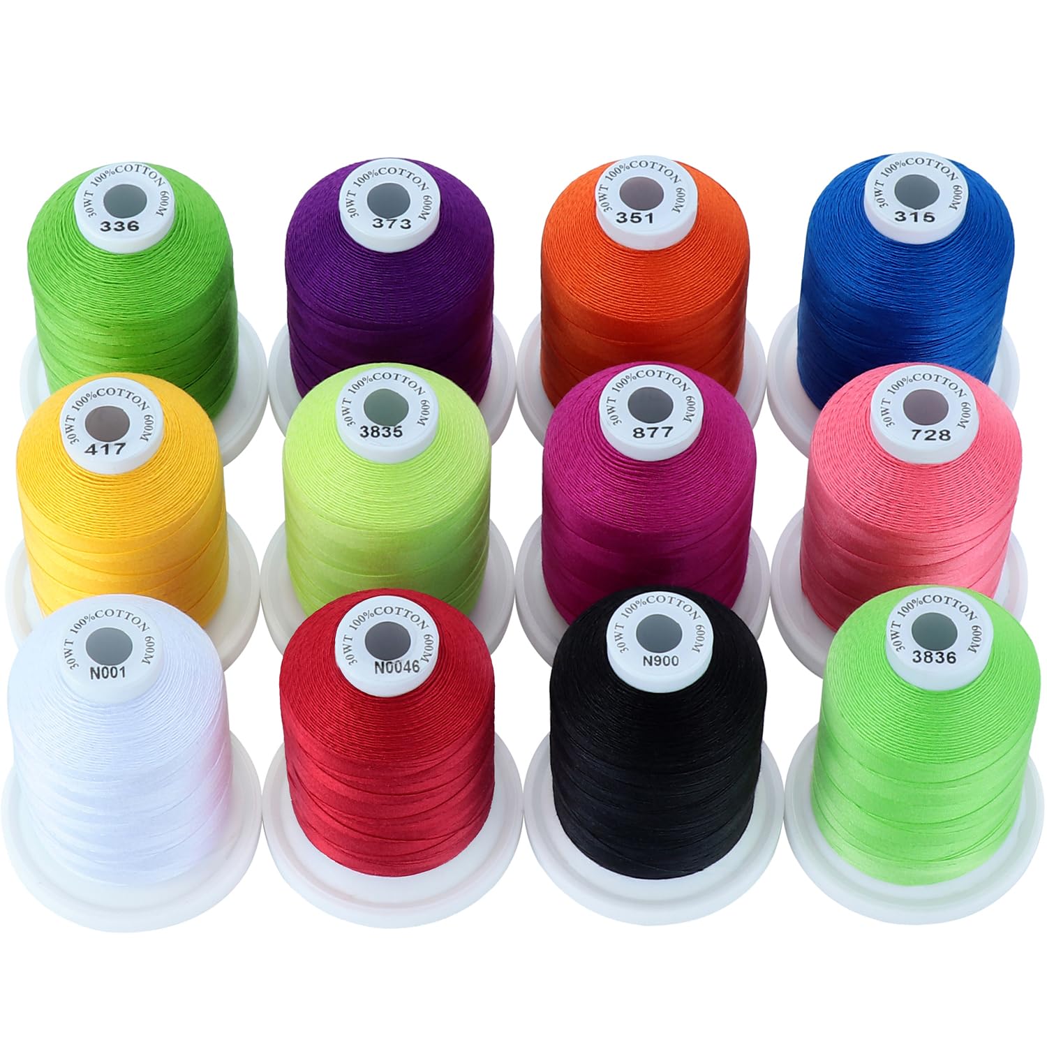 New brothread 12 Bright Colours Multi-Purpose 100% Mercerized Cotton Thread 30WT(50S/3) 600M Each Spool for Quilting, Sewing and Embroidery
