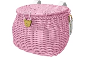 Alreczio Kids Bike Basket Set, Scooter Tricycle Basket, Children's Finely Woven Backpack with Lid Shoulder Strap Front Handlebar Rattan Basket