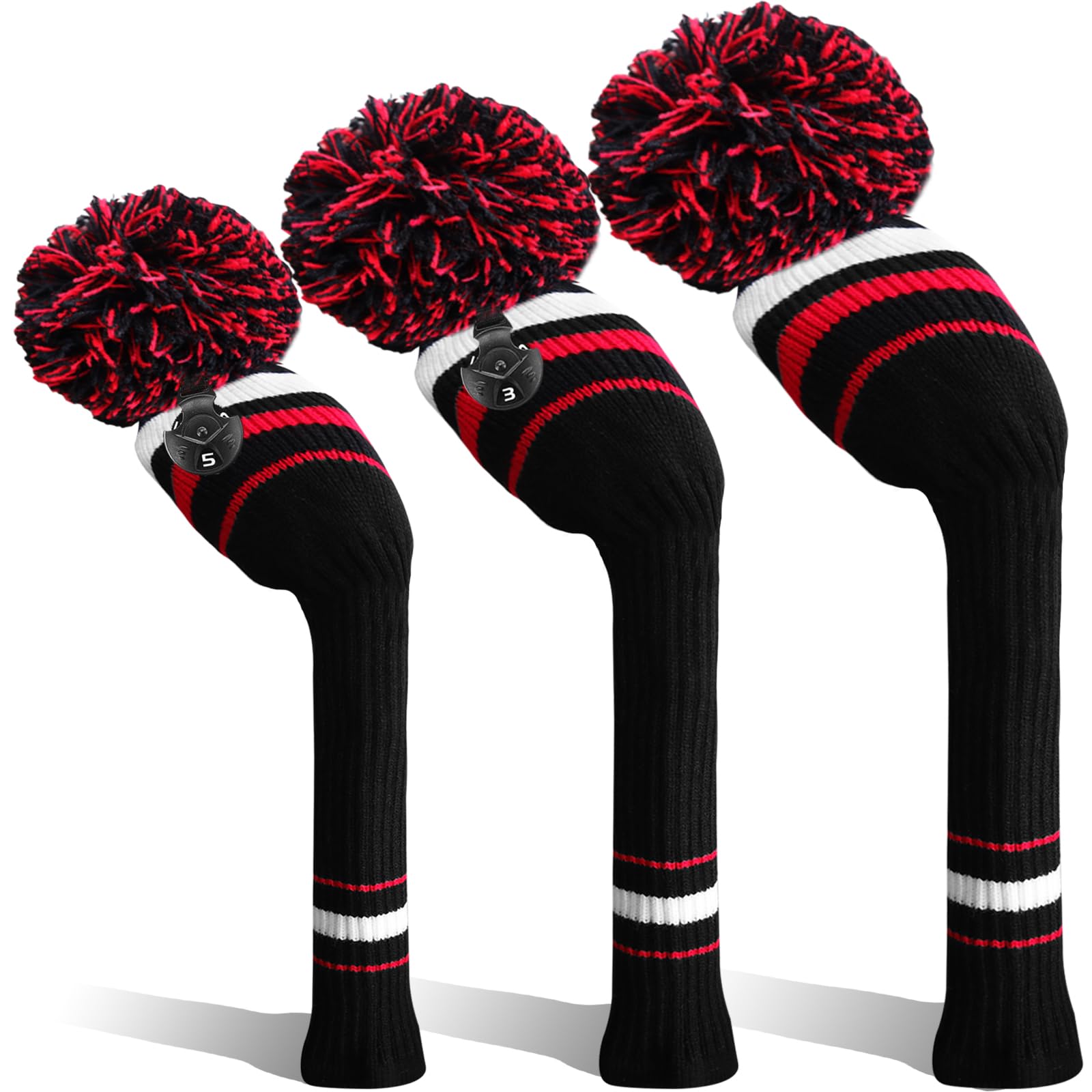Golf Head Covers Woods Driver Fairway Hybrid 3 Pcs,Golf Headcover Pom Knitted Number 1 3 5 for Men Women Anti-Wrinkle Washable Soft Portable Color Blue Red (Black/Red)