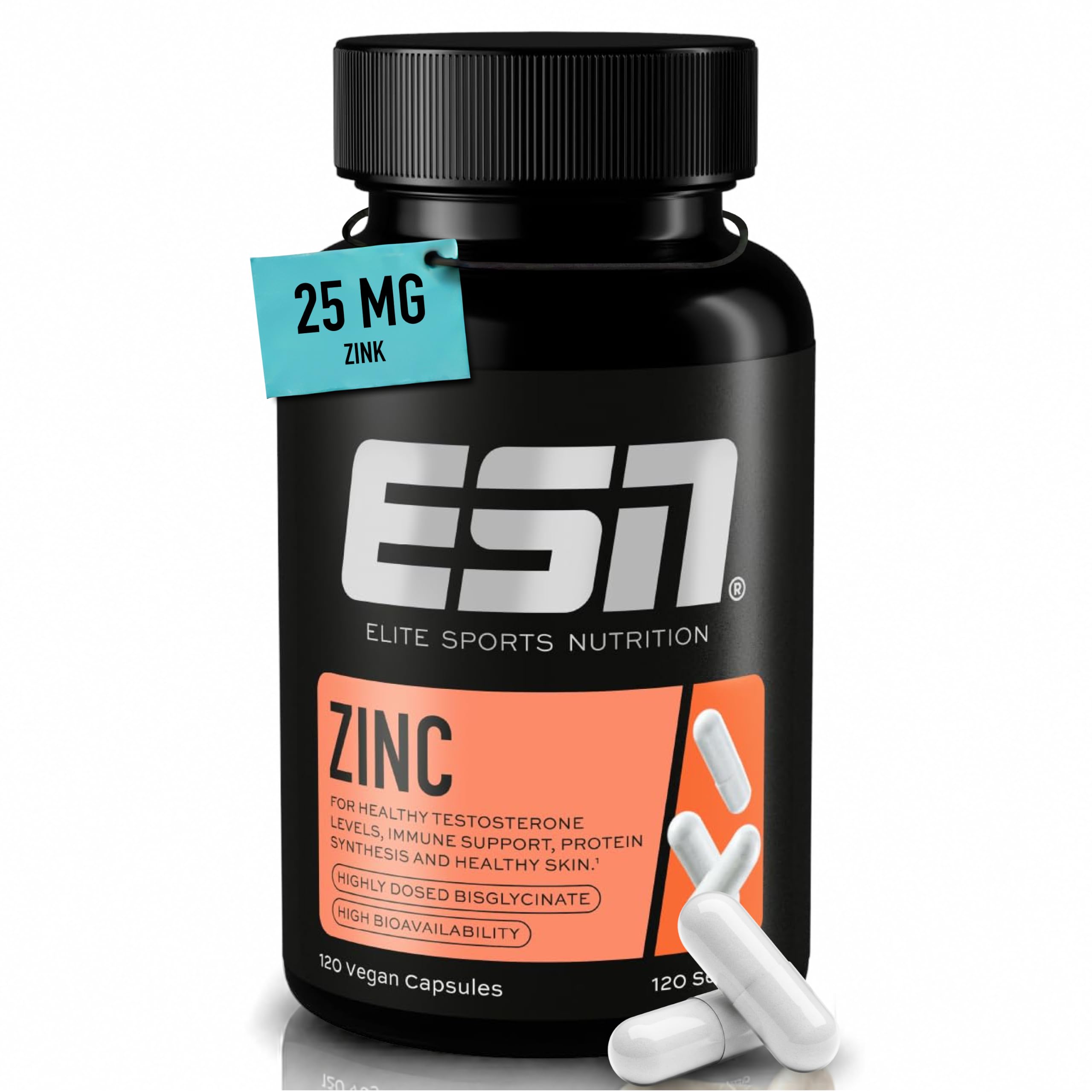ESN Zinc - hochdosiertes Nahrungsergänzungsmittel mit 25 mg Zinkbisglycinat pro Tagesportion - gute Verträglichkeit und Bioverfügbarkeit - vegan - 120 Kapseln, 120 Portionen