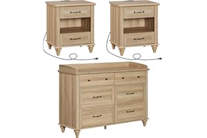 WAMPAT 3 Piece Dresser and Nightstand Sets, Light Wood Dresser & Chest of Drawers with 6 Drawers & Metal Handle, Set of 2 Nightstands Side Table with Charging Staion, 3 Piece Bedroom Set, Oak