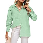 Feiersi Women's Button Down Shirts Long Sleeve Smocked Cuffed Striped Work Blouses Tops with Pocket Shirred