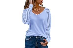 WNEEDU Long Sleeve Tops for Women V Neck Tunic Shirts Casual Loose Striped Sheer Mesh Raglan 2025 Blouse