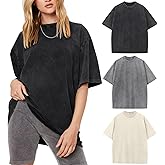 Arssm Women Oversized T Shirts Acid Washed Cotton Tees Vintage Baggy Loose Fit Streetwear Workout Tops(Black+Grey+Beige-L)