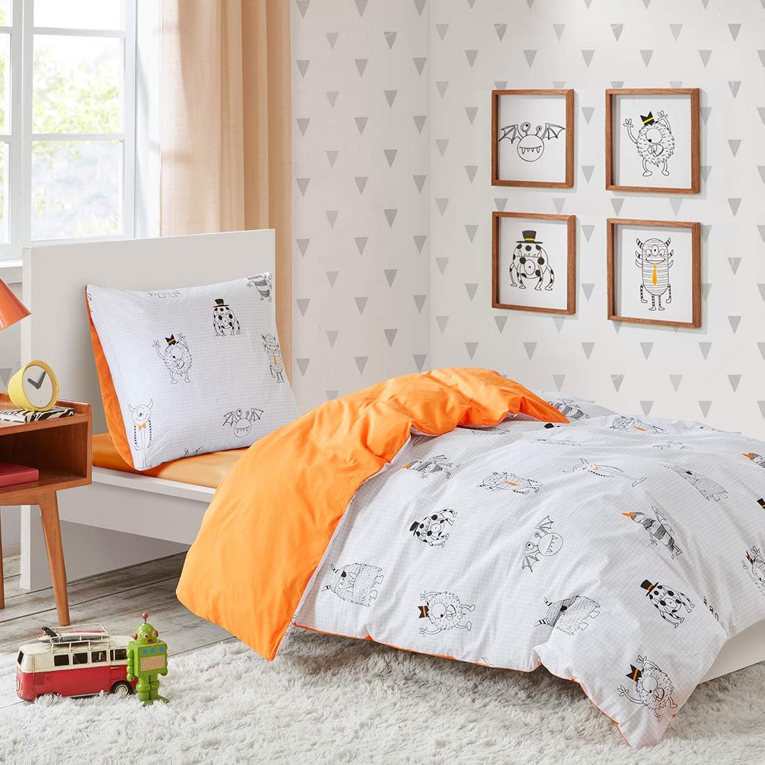 Monster Mash Printed Duvet Cover Set Single DE Size - White & Orange Fun and Silly Monster Motifs Design - 2 Pcs Ultra Soft Hypoallergenic 100% Cotton Children's Bedding