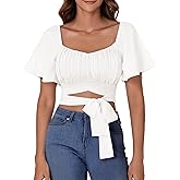Rooscier Women's Ruched Wrap Ruffle Flare Short Sleeve Square Neck Self Tie Crop Top Blouse
