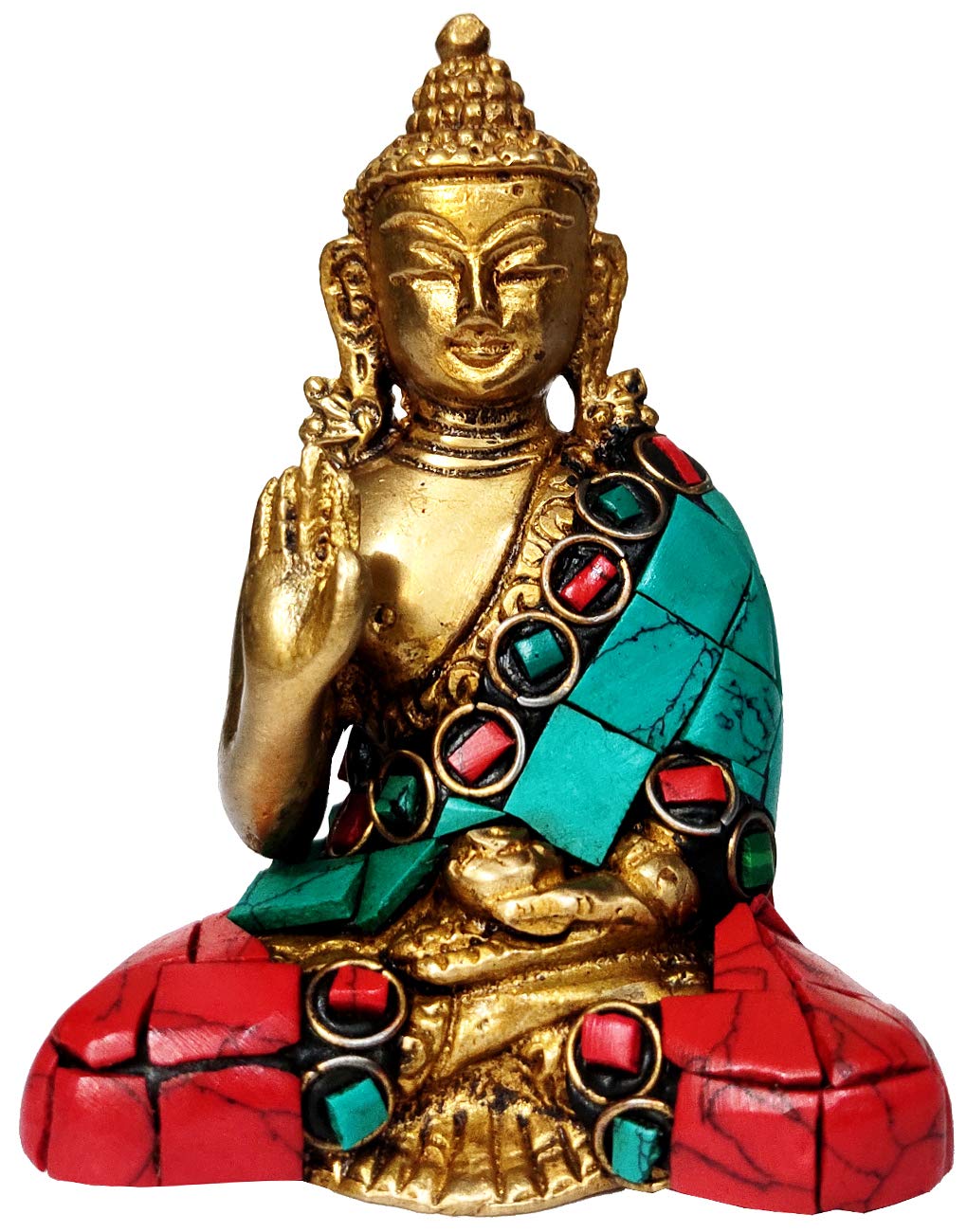 Purpledip Brass Idol Preaching Buddha: Mini Statue with Gemstones in Vitarka Mudra (10642A)