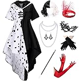 Mecamelon 13Pcs/9Pcs Women's Dalmatian Black and White Costume Dress with Wig Gloves Accessories Party Outfit