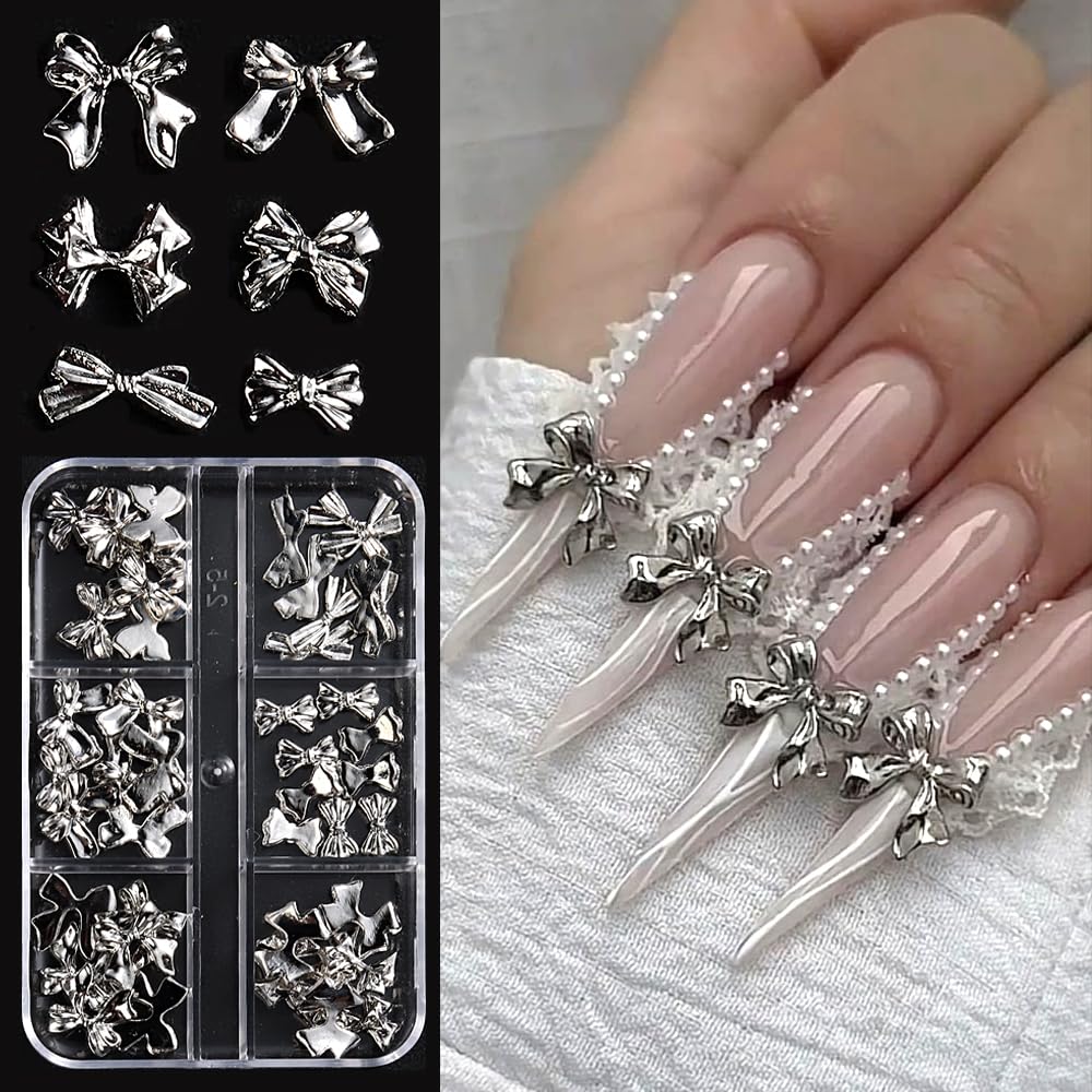 Photo 1 of 3D Metal Bow Knot Charms, Mixed Styles Silver Alloy Ribbon for Acrylic Nails, Cute Bowknot Kawaii Bow Tie for Women Girls Manicure DIY Nail Craft Decorations