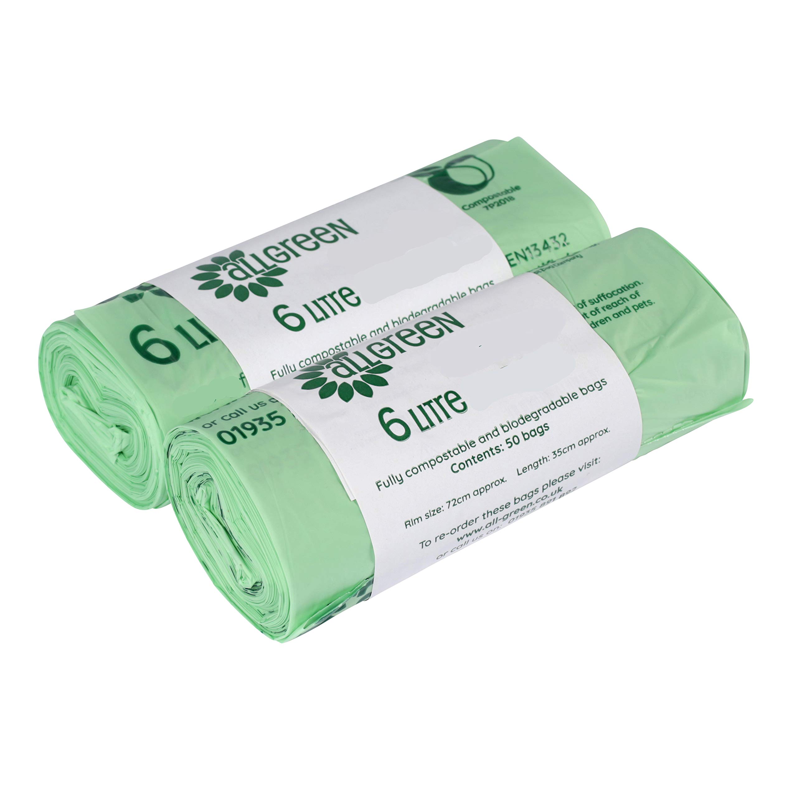 6 Litre x 100 All-Green bags - Compostable Kitchen Caddy Liner - Food Waste Bin Liners - EN 13432-6L Bags with Composting Guide