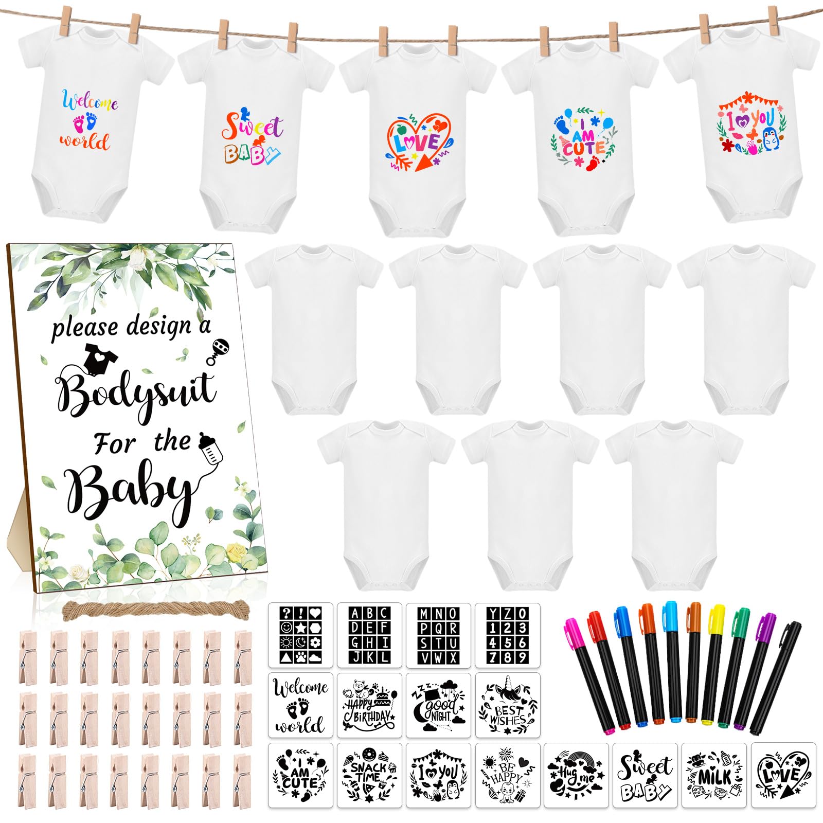 Photo 1 of Silicherry 64 Pcs Baby Shower Games Bodysuit Design Games Include 1 Game Wooden Sign 12 Newborn Bodysuit 10 Fabric Markers 24 Clothespins 16 Stencils 1 Rope for Baby Shower Gender Reveal (Greenery)