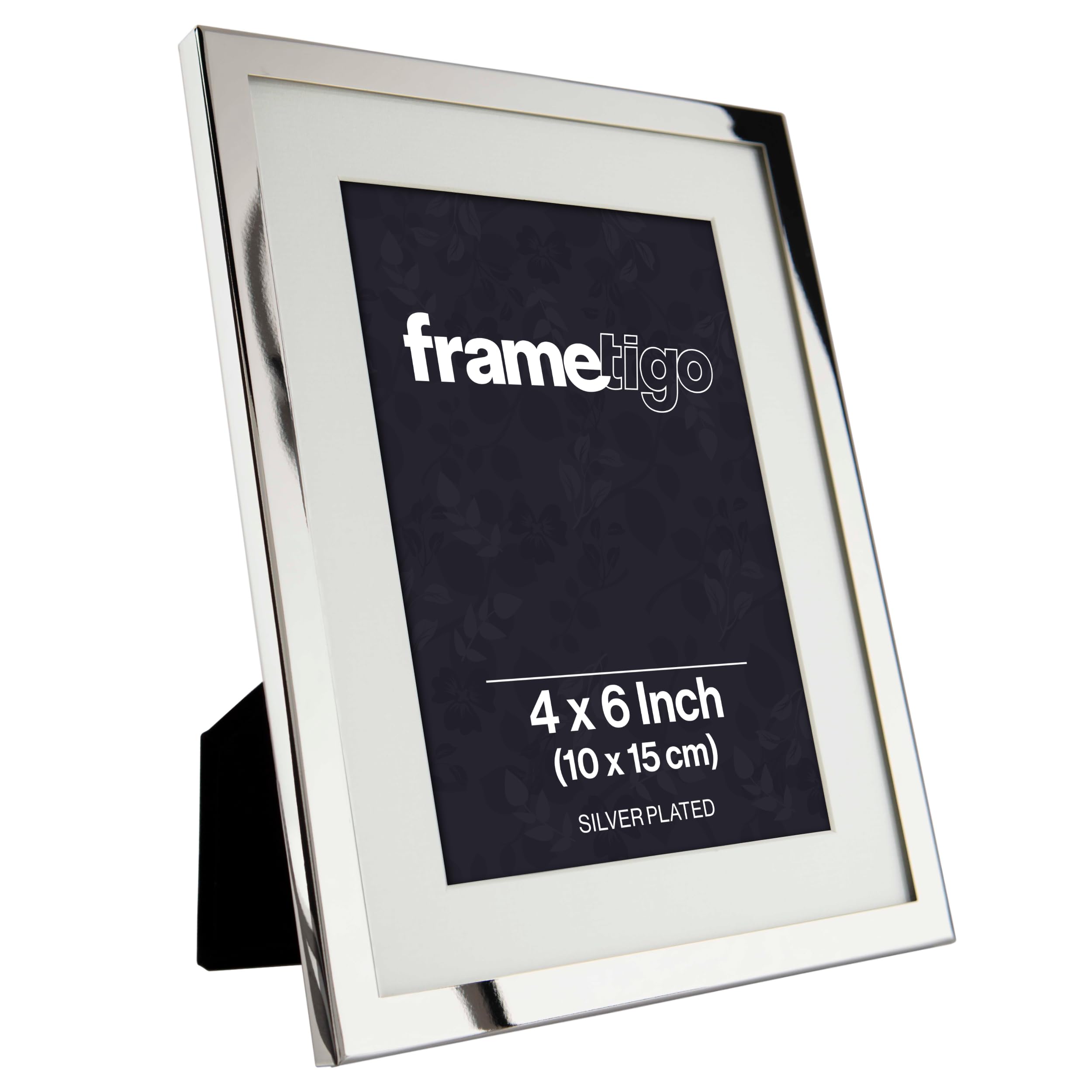 Frametigo - Silver Plated White Mount Photo Frame, 4"x6" (10x15cm) Photo Size - Velvet Frame Backing & Stand - Real Glass Window - Tarnish Resistant - Landscape or Portrait Orientation