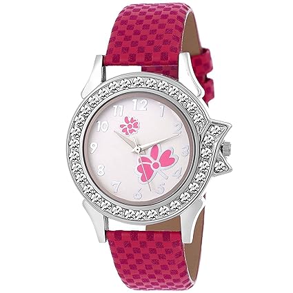 VeBNoR Analogue Diamond Studded Designer White Pink Dial Leather Strap Ladies Wrist Watch for Girls and Women Stylish Latest -321