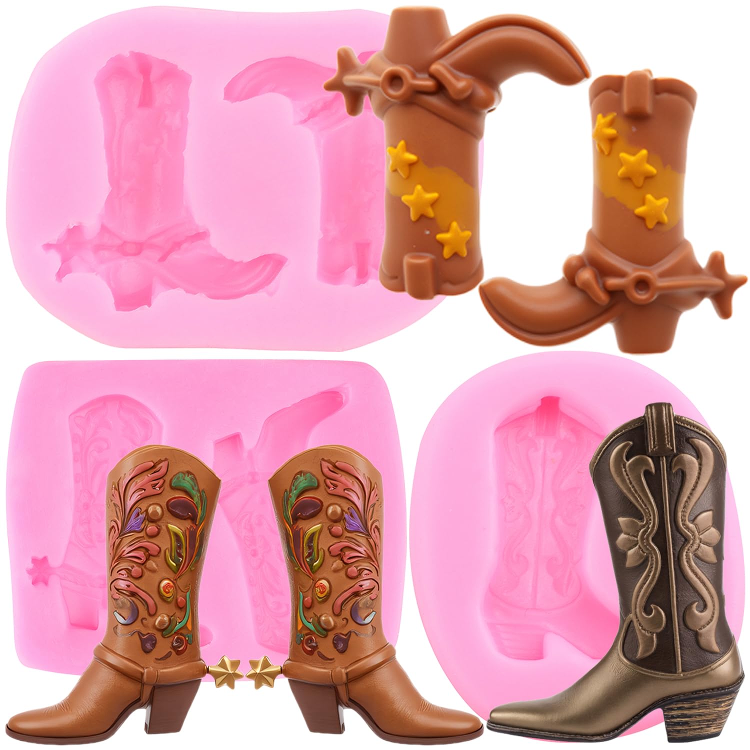 RFGHAC 3D Boot Silicone Moulds Cowboy Boot Fondant Mould for Cake Decorating Cupcake Topper Candy Polymer Clay Chocolate Gum Paste Set of 3