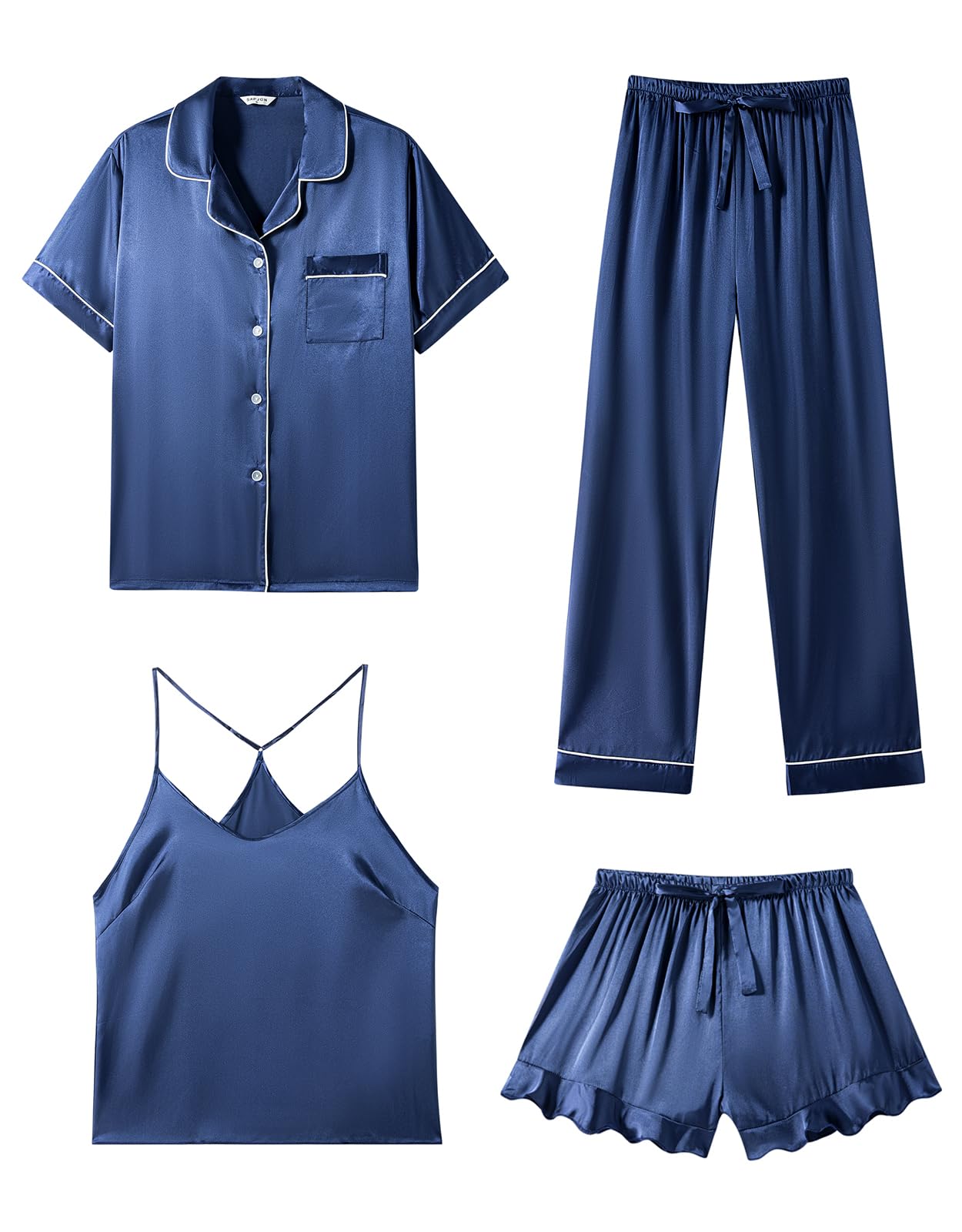 SAPJON Silk Pajamas for Women Set 4Pcs Ruffled Satin Pajamas Set Button Down Short Sleeve Cami Shorts Sleepwear Pj Set Navy Image