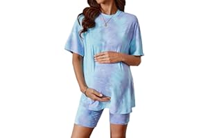 MakeMeChic Women's Maternity 2 Piece Outfit Tie Dye Pajamas Set Short Sleeve Tee Shirt and Biker Shorts Pregnancy Lounge Set