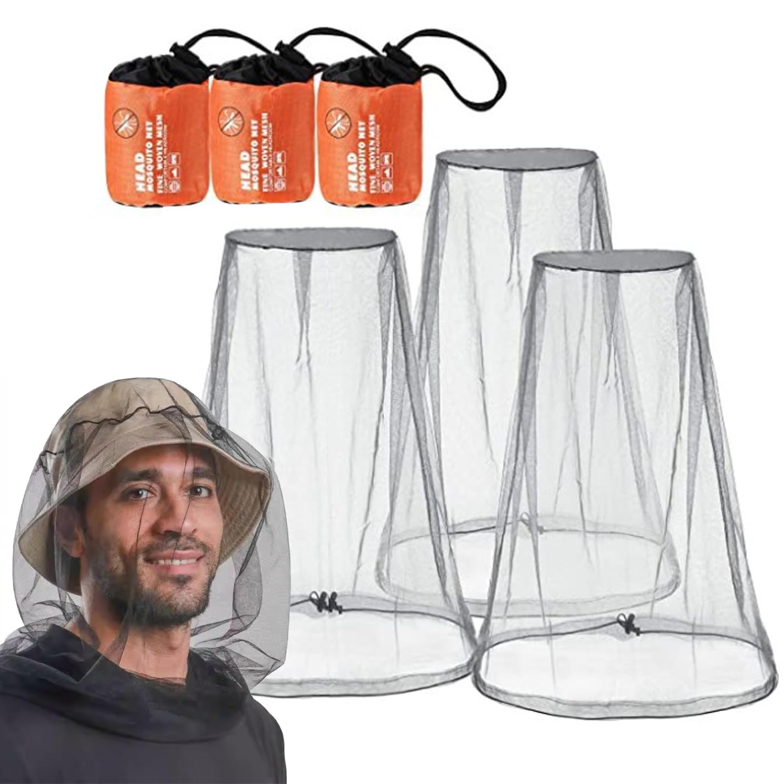 3PCS Midge Head Net, Mosquito Head Protecting Net with Storage Bag, Mosquito Head Net Face Mesh, Fine Mesh Insect Netting Cover for Outdoor, Hiking, Walking, Fishing (Grey)
