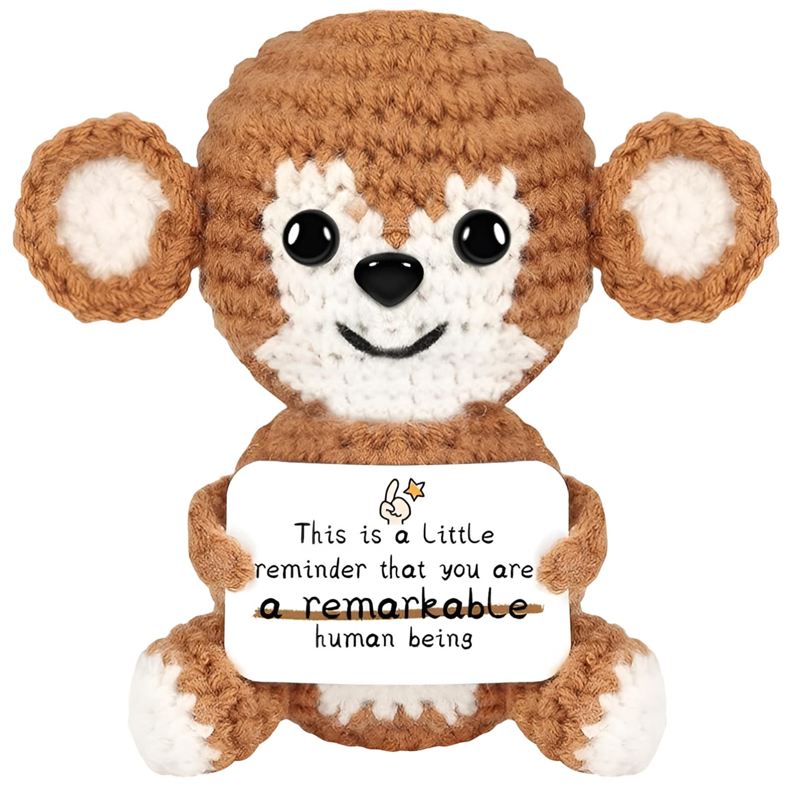 Qubitly Positive Crochet Teckel, Brown Handmade Weiner Dog, Yarn & Cotton Stuffed Animal, Positive Crochet Animals, Emotional Support Dog, Dachshund Gifts (Positive Monkey)