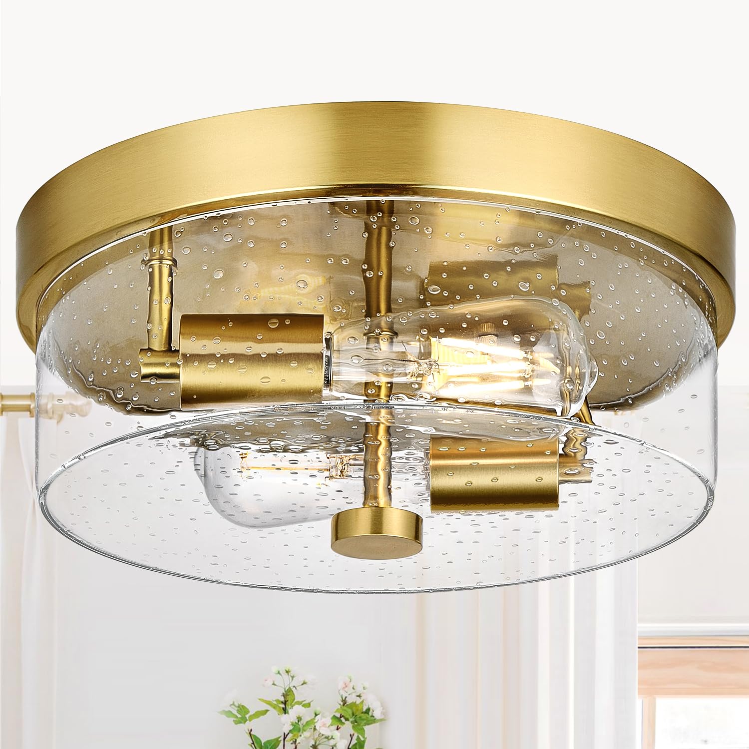 Photo 1 of Flush Mount Ceiling Light Fixtures, 2-Light Gold Ceiling Mount for Farmhouse with Seeded Glass Lampshade, Industrial Flush Mount Light Fixture Farmhouse for Hallway, Kitchen, Entryway and Foyer