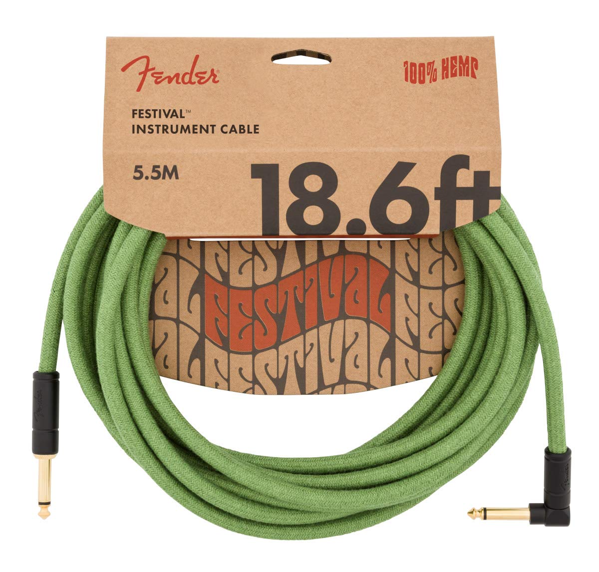 Fender® Festival - Hemp Instrument Cable - 18.6 ft (5.5m) - STR/ANG - Green